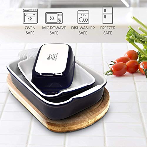 PERLLI Ceramic Baking Dish Pan Set, 3 Piece Nonstick Rectangular Bakeware Dishes Set, Classic Blue Lasagna Cookware Pans Casserole Dish, with Silicone Pot Handle Grips - Thumbnail 2