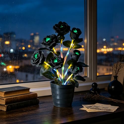 Image of Gothic Black Rose LED Flower Lamp Artificial Rose Night Light Bedroom Decor | Bar Nightstand Desk Halloween Decor Gifts for Women Girlfriend Wife Friend Valentines Anniversary Chriatma Birthday Gifts