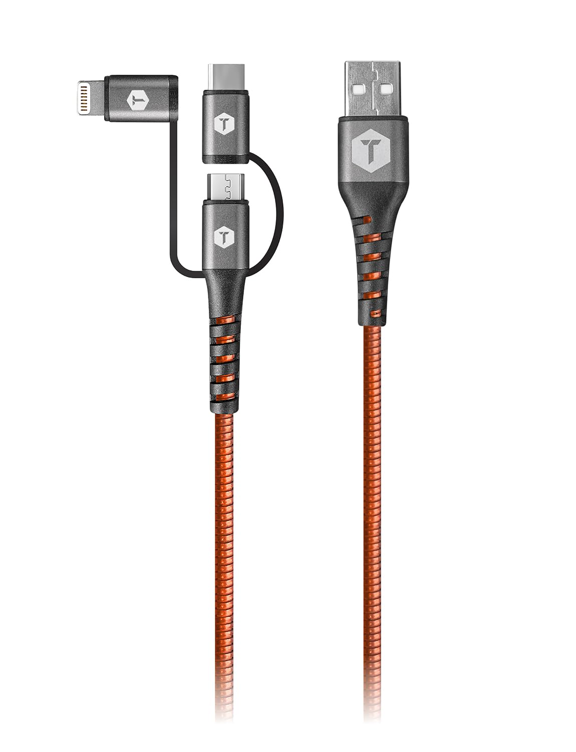 ToughTested 4FT 3-in-1 Armor Flex Braided Multi Charging Cable - USB A to Micro USB, Lightning & USB C Cable, 3A Fast Charger Cord for All Phones