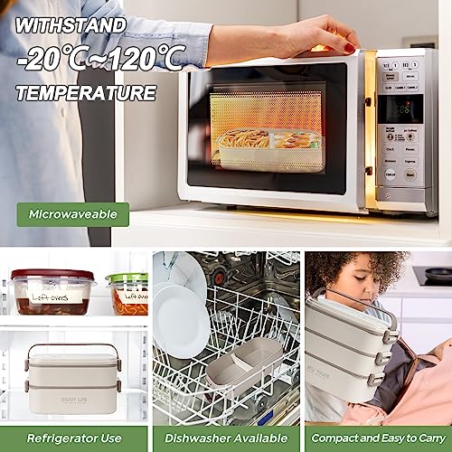 Image of 2700ml 3 Layer Bento Box with Fork & Spoon, 4-in-1 Lunch Box for Adults, Meal Prep Container Food Storage Box for Men Women Student School Office, Microwave Dishwasher Safe Available (Khaki)