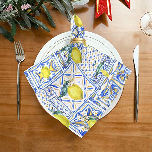 Alaza Vintage Yellow Lemon Fruit And Blue Print Cloth Napkins Dinner Napkins Set Of 6,Reusable Table Napkins Washable Polyester Fabric For Cocktail Party Holiday Wedding Home Decorative #TOP3