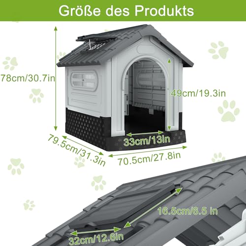 HENGMEI Hundehütte aus Kunststoff XL Haustierhaus Wasserabweisend 79.5×70.5×78cm Isoliert Hundezwinger Plastik mit erhöhtem Boden Schiebedach Katzenhaus Hundekäfig