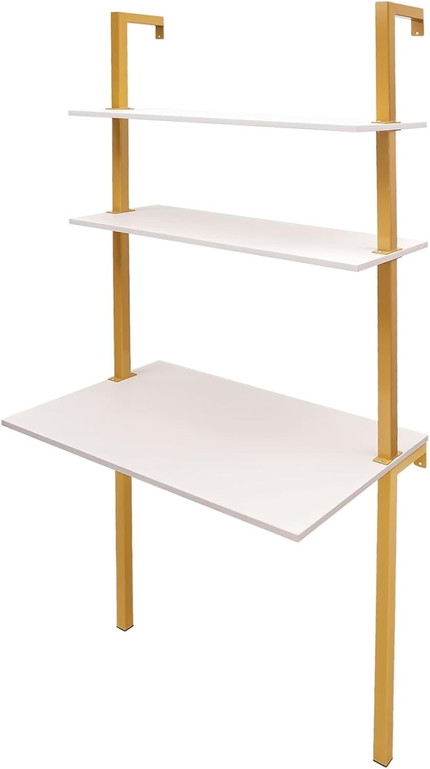 3 Tiers Wall Mounted Desk, 30 * 20 * 72.8in Industrial Wall Mount Computer Writing Table with Storage, Ladder Style Computer Laptop Desk for Home Office, Gold&White