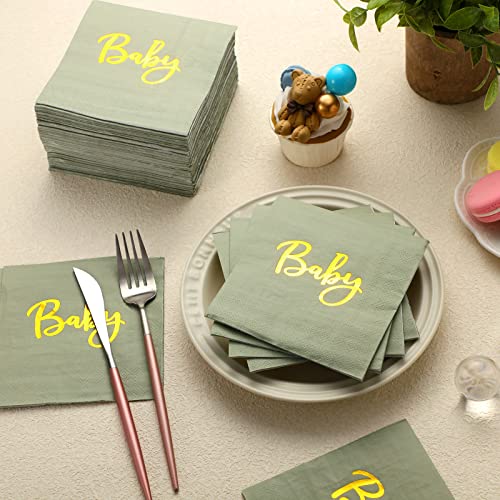 Nuanchu 120 Pcs Sage Green Baby Napkins 2 Ply Cocktail Napkins Sage Green Thick Paper Napkins 10 X 10 Inch Cocktail Beverage Napkins With Gold Foil For Guest Plates Baby Shower Birthday Party Supplies #TOP4