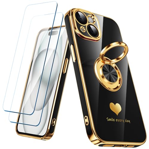 Coque luxe iPhone 15 aux bordures dorées et motif cœurs raffiné