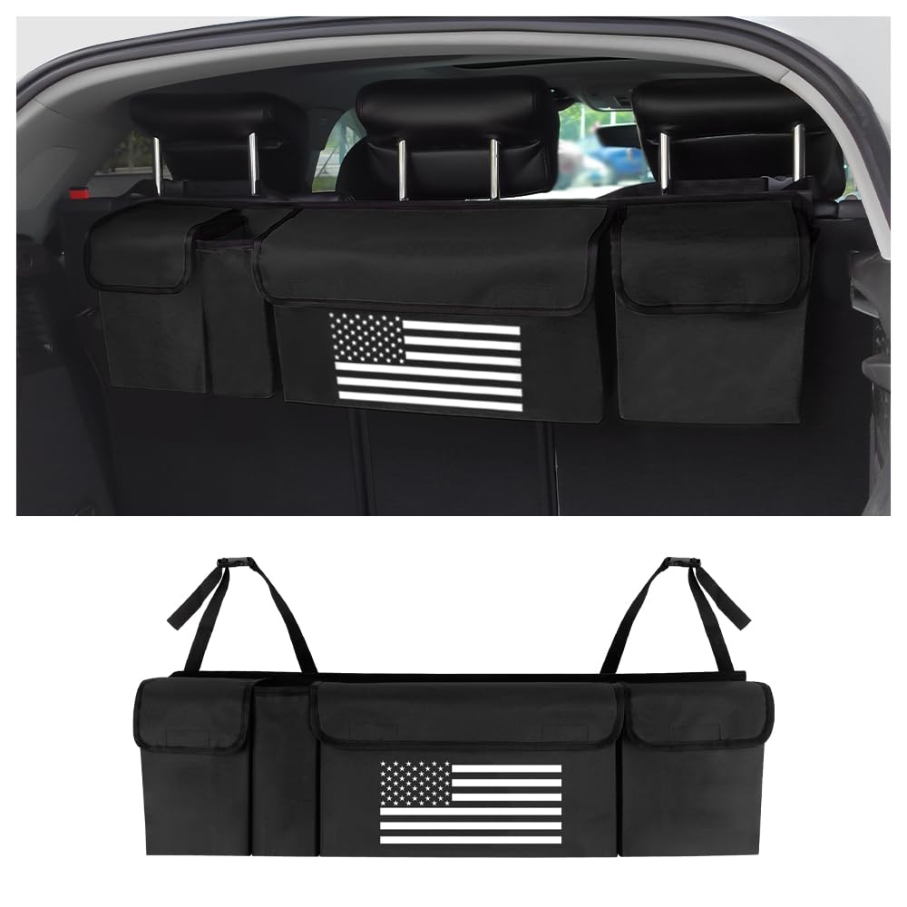 Trunk Organizer for Car,Unique US Flag Backseat Car Organizer with 4 Large Capacity Pocket,Waterproof Car Trunk Storage Organizer Hanging on Car Truck SUV MPV Rear Seat (Black)