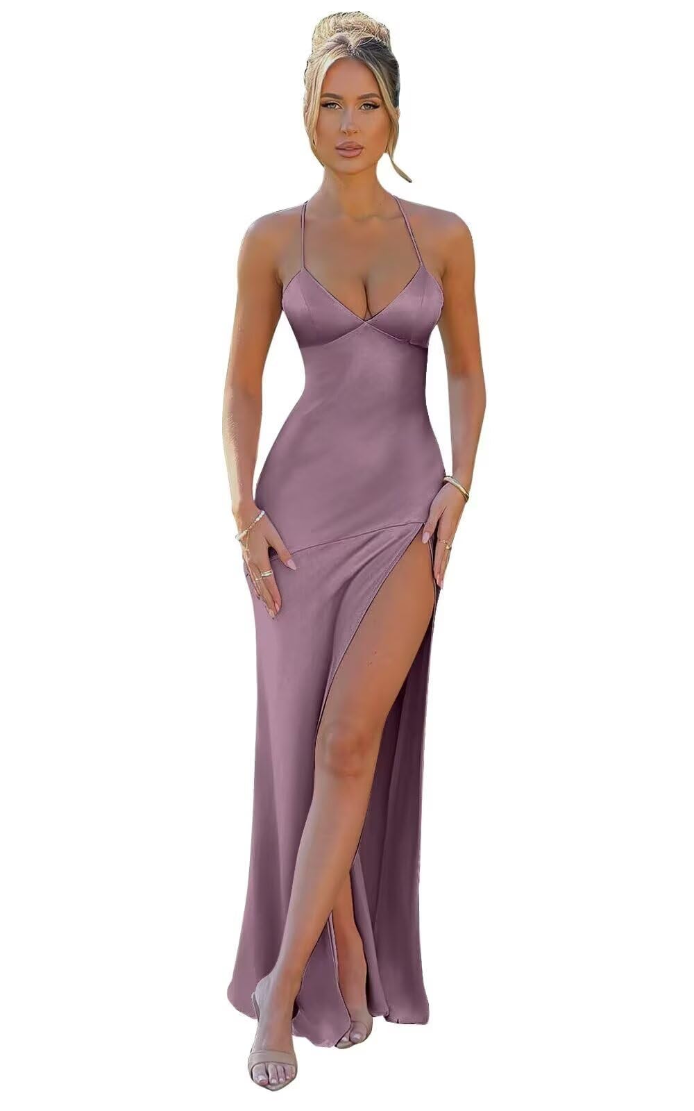 GATMAHE Flutter Sleeves Tea Length Mother of The Bride Dresses Chiffon Ruched Round Neck Ruffle Corset Formal Dress