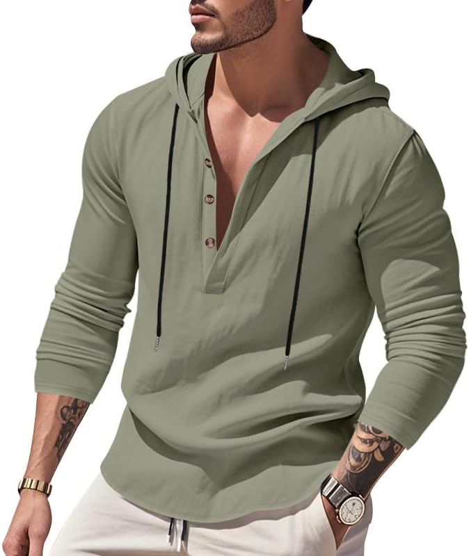 LIZALIG Men's Cotton-Linen Sweatshirt 1/2 Button Hooded Solid Color Casual Sweatshirts for Vacation and Daily Wear - Image 2