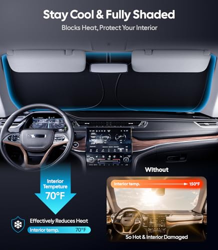 Image of Wigoo for Jeep Grand Cherokee Windshield Sunshade [OEM Design, 100% Sun Blockage] Foldable Heat Insulation Sun Shade with Storage Bag, for Jeep Grand Cherokee (2022-2026), Silver Coating