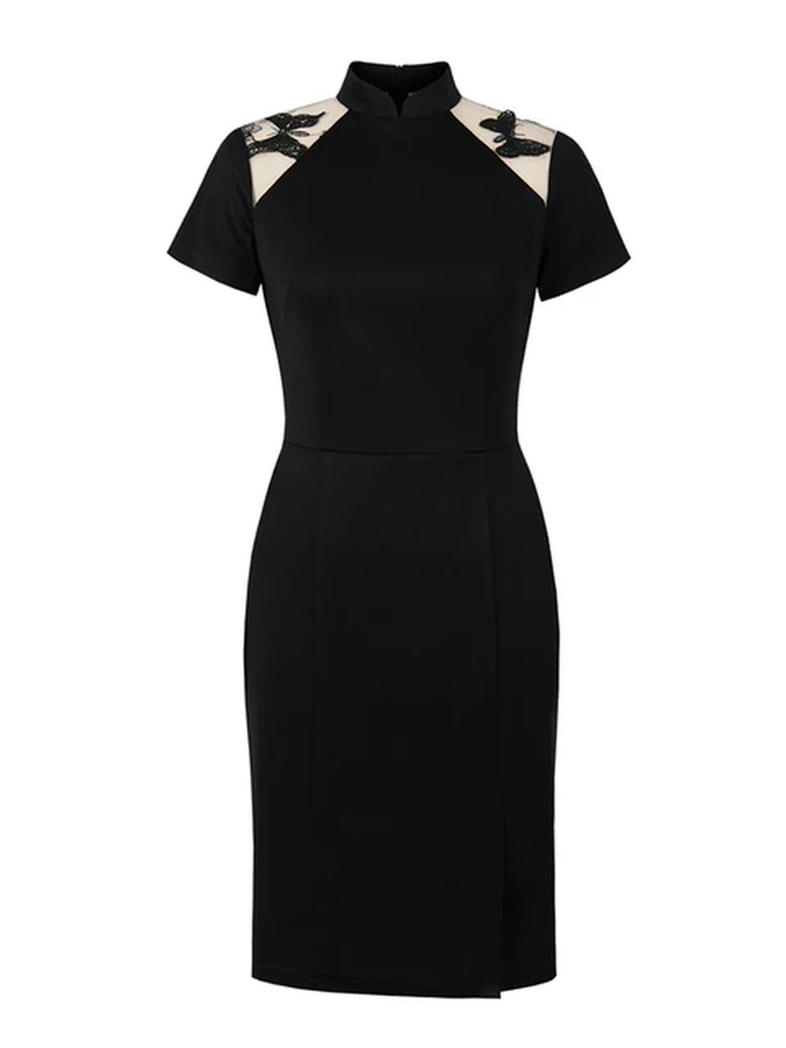 Robe de soirée col chinois noire XXL en maille papillon