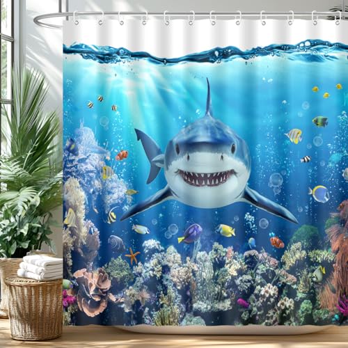 BIYSUC Shark Shower Curtain Ocean Sea Life Underwater Fish Wild Animal Home Bathroom Decor Waterproof Polyester Fabric 72Lx72W Inch with Plastic Hooks