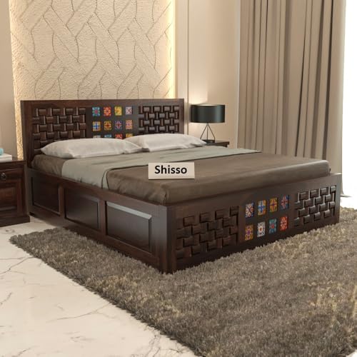 Image of SHISSO Furniture Solid Sheesham Wood King Size Bed with Storage| Wooden Cot Double Bed with Storage Box| Furniture for Home,Bedroom & Hotels| Premium Niwar Tile Design Modern Headboard,Walnut Finish
