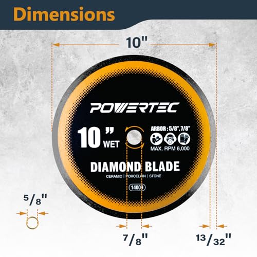 Image of POWERTEC 10 inch Continuous Rim Diamond Saw Blade for Wet Tile Saw, Diamond Blade for Cutting Ceramic, Porcelain, Natural Stone Tile, Wet Cutting Only 10 inch Diamond Blades, 1 Pack (14009)