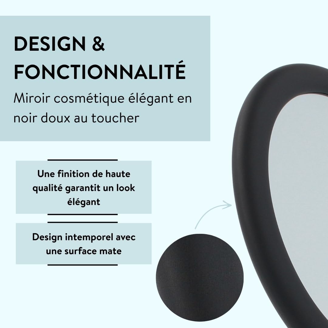 PARSA Beauty Miroir de maquillage rond à poser avec finition douce au toucher Double face (normale et grossissante x3) Pour le maquillage et la coiffure Noir