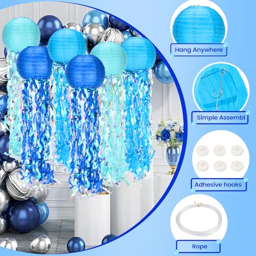 Blue Jellyfish Paper Lanterns, 8" Hanging Jelly Fish for Under The Sea Party Decorations, Mermaid and Ocean Theme Birthday Decor, Classroom and Beach Room Ornaments with Hooks（6 Pack ） — view 3