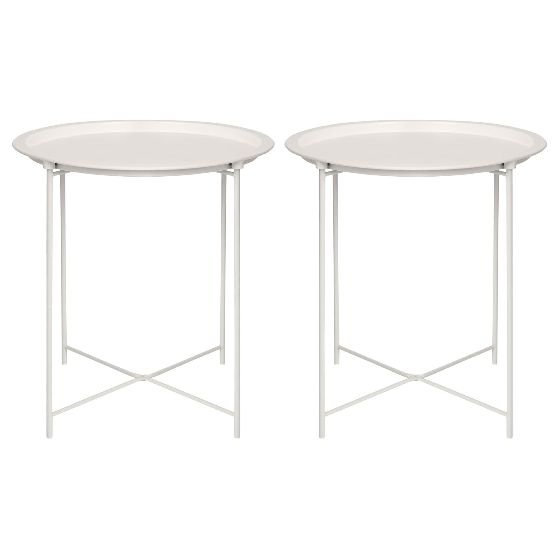 Harbour Housewares Round Tray Tables with Removable Trays - Pack of 2 - Matte White Steel Bed Side Table Raised Lip Serving Board Compact Collapsible Folding Table for Bedroom, Home and Office
