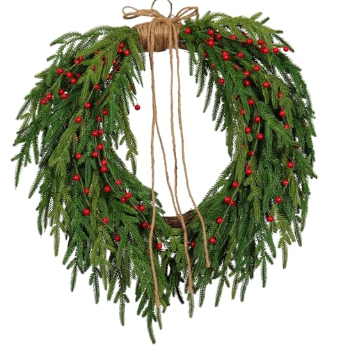 Zhemobang 24-Inch Real Touch Norfolk Pine Christmas Wreath with Red