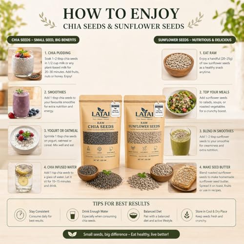 Image of LATAI Energy & Nutrition Seeds Combo Pack of 2 | Raw Chia Seeds & Sunflower Seeds | Naturally Rich in Omega 3, Protein, Fiber & Vitamin E | 200g Each (400g Total) | 100% Natural, Gluten Free