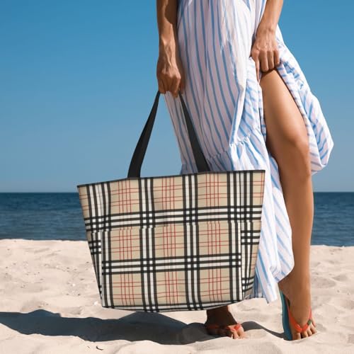 Beige Plaid Tartan Checkered Beach Bag Women Tote Bag Pool Bag With Zipper For Gym Grocery Travel With Wet Pocket, Black4