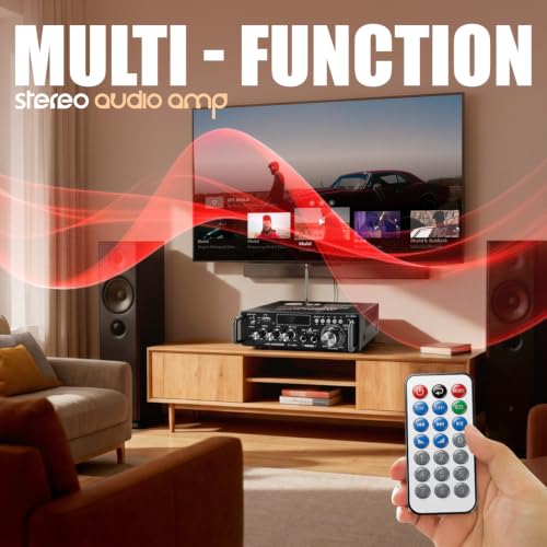 Image of FABTEC 2-Channel Karaoke Home Amplifier with Bluetooth 5.0, 300W + 300W High Power Output, USB /FM Playback, Dual Microphone Inputs, Bass & Treble Adjustment, Remote Control Included