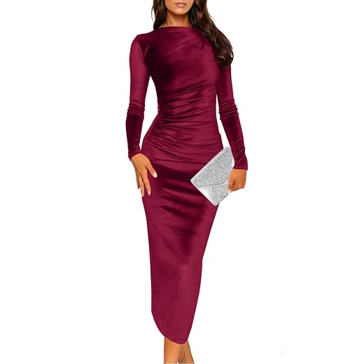 Wenrine Women's Velvet Bodycon Midi Dress Long Sleeve Ruched Elegant Cocktail Party Dresses
