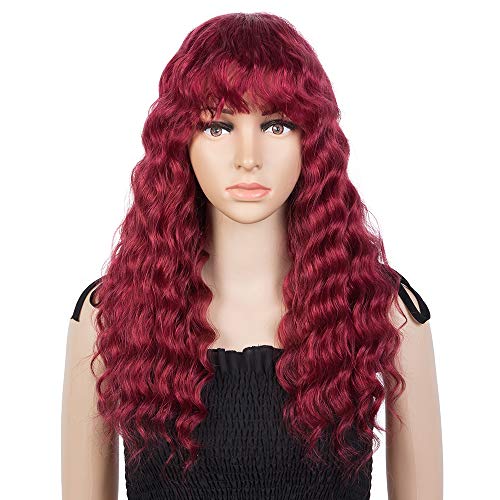 Deep Wave Human Hair Wigs with Bangs, Brazilian Virgin Human Hair Curly Wig for Black Woman, 20 inch 150% Density Burgundy Red