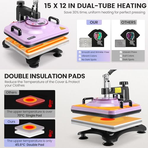 Whubefy Heat Press Machine 15x12 Shirt Press Machine with Tumbler Press/Hat Press - 5 in 1 Sublimation Heat Press Machine for T Shirts Cap Mug Plate - Swing Away Heat Transfer Tshirt Printing Machine - Thumbnail 4