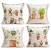 Set of 4 Green Potted Plants Throw Pillow Covers Cotton Linen Home Decor Pillowcase with Succulent Cactus Leaves Fern Gardening Farm Decorative Cushion Cover 18×18 for Outdoor Patio