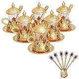 Alisveristime Handmade Turkish Tea Glass Set - Traditional Turkish Motifs, Set of 6 with Lids and Bonus Tea Spoons (Gold)