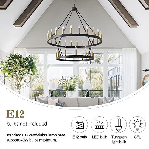 48 Inch Large Black Wagon Wheel Chandelier,2 Tier 36-Light Rustic Round Hanging Light Fixture,Chandeliers For High Ceilings,Farmhouse Chandeliers For Dining Room Kitchen Island Foyer Entryway #TOP3