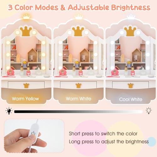 Image of KOTEK Kids Vanity with Lights, Crown Girls Vanity Set w /Tri-Folding Mirror, Detachable Top, Stool & Drawer, Wooden Toddler Makeup Dressing Table, Kids Vanity Table and Chair Set (White)