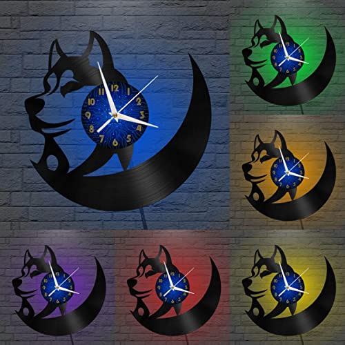 Horloge Vinyle 12 Pouces Silhouette Husky avec Éclairage LED B