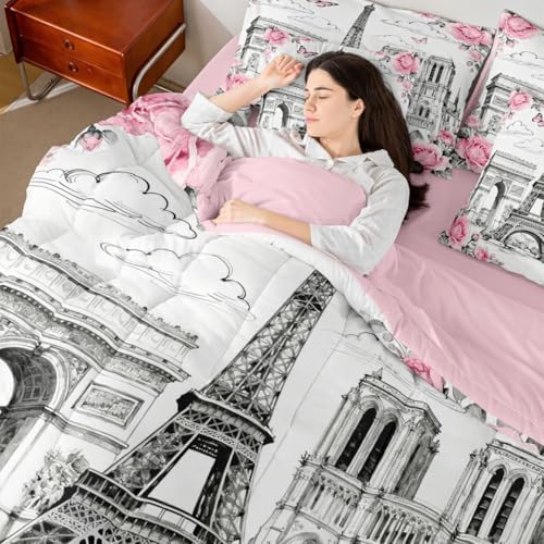 Image of 7 Pcs Eiffel Tower Bedding Sets Queen Sketch French Architecture Decor Comforter Set Pink Rose Butterfly Romantic Style All Season Comforter Flat Sheet Fitted Sheet 2 Pillowcases 2 Throw Pillow Covers