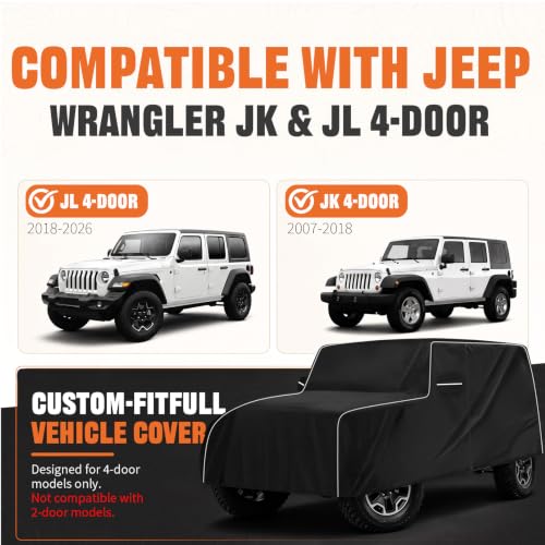 Image of 600D Waterproof car Cover Compatible with 2007-2025 Jeep Wrangler JK JL 4-Door, Outdoor Waterproof All-Weather car Cover, Sun Protection, Frost Protection, Snow Protection, with Door Zipper