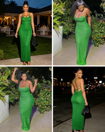 Image of RARITYUS Women's Lace Up Bodycon Maxi Dress Sexy Low Cut Backless Sleeveless Textured Long Party Club Dresses