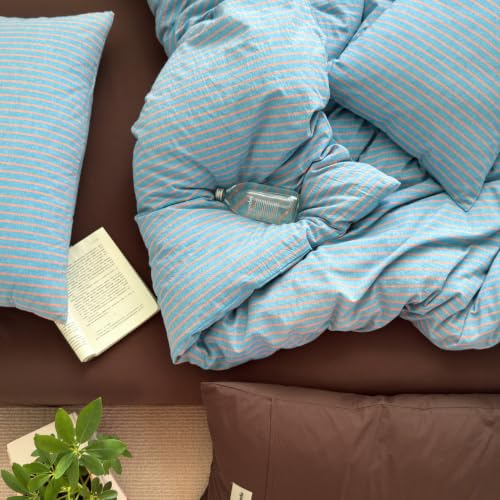 Image of Striped Duvet Cover Set Washed Cotton,Queen(90 inchx90 inch),Pinstripes Blue