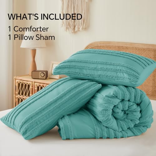 Image of BEDELITE Boho Twin /Twin XL Comforter Set,Aqua Tufted Striped Bed Set 2 Pieces, Soft Vintage Farmhouse Comforter for College, Boho Home Dorm Decor, Fluffy Jacquard Bedding with 1 Pillow Sham