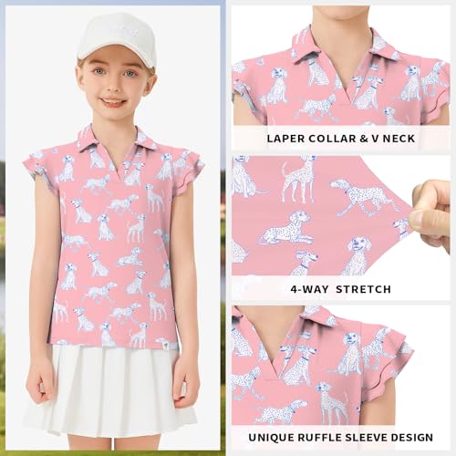 Image of Soneven Girls Ruffle Sleeve Polo Shirts V-Neck Golf Tennis T-Shirts Uniform Shirts Quick Dry for 4-14 Years