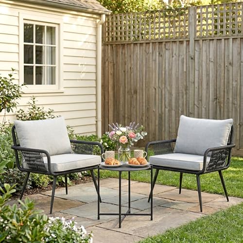 Image of BRISHI Garden Patio Seating Chair and Table Set Outdoor Balcony Garden Coffee Table Set Furniture with 1 Table and 2 Chairs Set with Cushion Braid & Rope (Black)