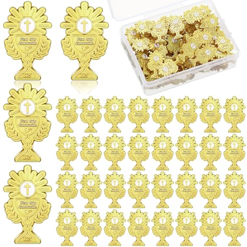 Image of Hoteam 50 Pcs First Communion Enamel Lapel Pins Bulk Chalice with Grapes and Wheat Gold Plated Religious Pins Gifts for First Holy Communion Catholic Baptism Christian Memorial Favors