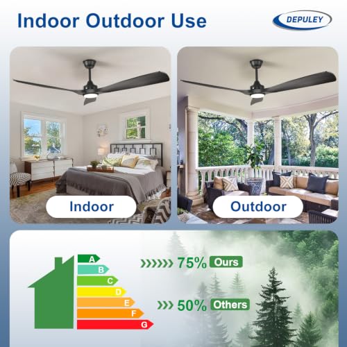 Image of Depuley 60-Inch Ceiling Fan with Light: Black 3 Blade Outdoor Fans for Patios - Dimmable Indoor Fan with Remote Control Living Room Fandelier Ceiling Fans Ultra Quiet DC Motor Reversible 6 Speed