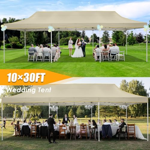 Image of HOTEEL 10x30 Heavy Duty Pop Up Canopy, Commercial Instant Canopy for Party Wedding Event, Waterproof UV 50+ & Windproof Outdoor Tent, Upgraded Thick Hexagonal Legs Tent with Wheeled Bag, Khaki