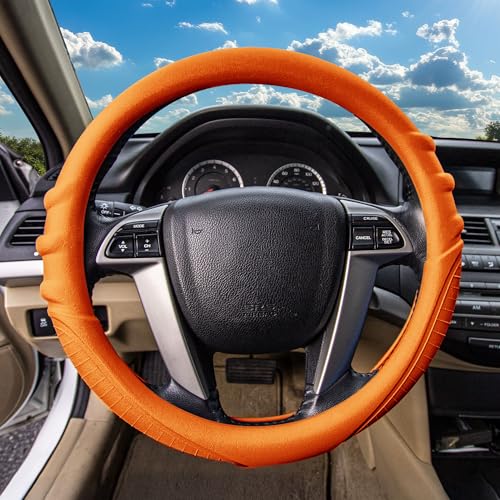 Image of FH Group Steering Wheel Cover (Silicone W. Grip & Pattern Massaging grip Orange Color-Fit Most Car Truck Suv or Van) Orange