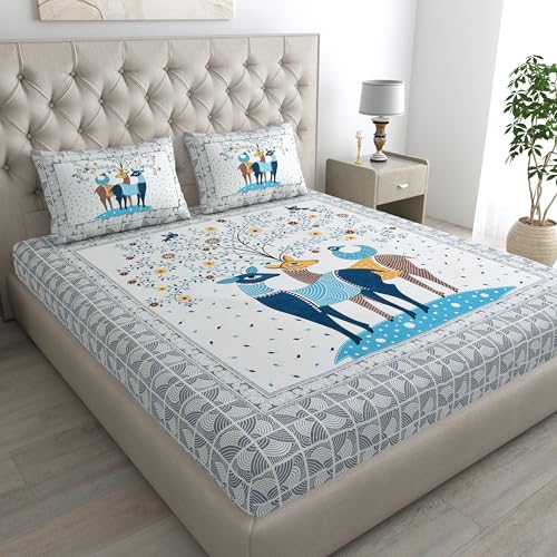 Image of Rajasthani Jaipuri Sanganeri Printed 144 TC 100% Cotton Bed Sheet Set for Double Bed,Deer Pattern, Double Bedsheet Cotton with 2 Pillow Covers