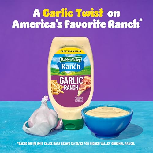 Image of Hidden Valley Garlic Ranch Condiment and Dressing, Easy Squeeze Bottle, 20 Fluid Ounces (Package May Vary) (Pack of 2)
