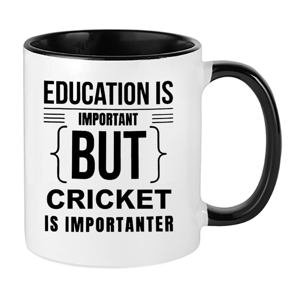 Giftme Education is Important But Cricket is Importanter, Inside Coloured Mug, Ceramic Coffee, Tea Mug. (Black)