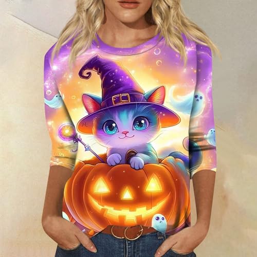 Cute Funny Halloween Shirts for Women Plus Size 3/4 Length Long Sleeve Womens Tops Witch Gothic Renaissance Shirt