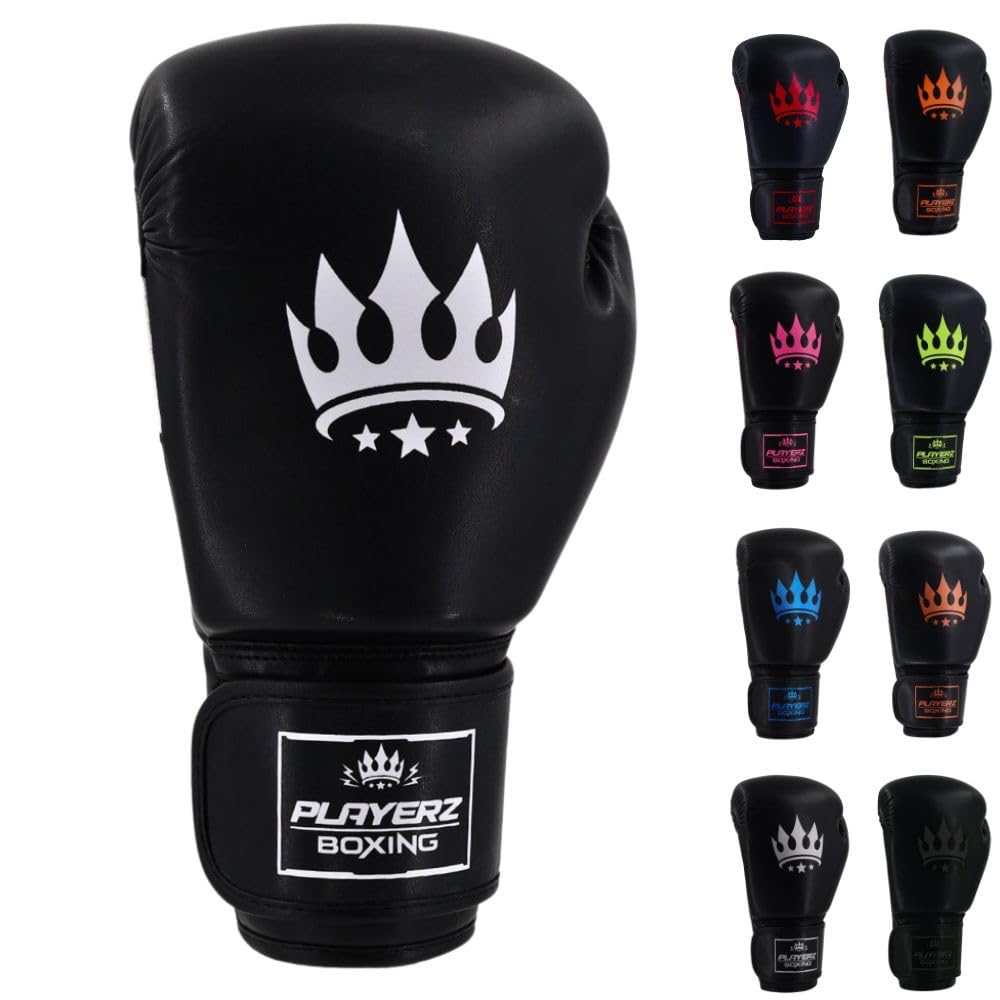 Playerz Element Adult Boxing Gloves – Premium, High-Performance Training Gloves for Boxing, Muay Thai, and Kickboxing – Superior Comfort and Protection for Men and Women (Black/White, 14oz)