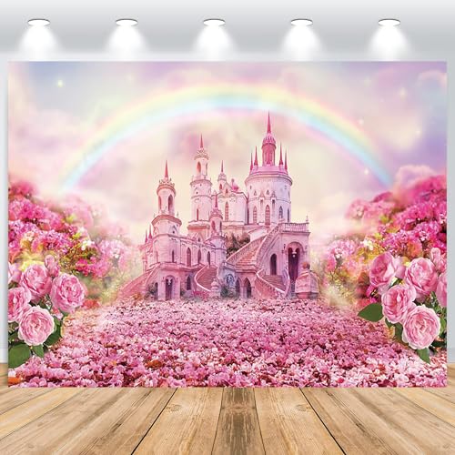 ASDCXZ Castillo de Princesa Telón de Fondo 2,2x1,5 m, Fantasía Castillo Rosa Flores Arco Iris Vinilo Fondo de Fotografía para Niña Cumpleaños Boda Fiesta Foto Estudio Sesión