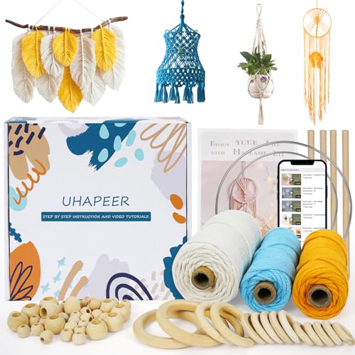 UHAPEER Kit de manualidades hilo macramé, 64 piezas hilo de algodón, atrapasueños, cuerda de algodón natural para adultos principiantes